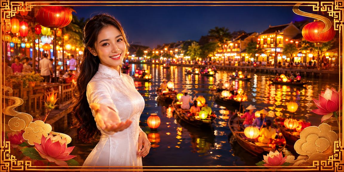 Phụ nữ mặc áo dài tại Hội An xem kết quả cá cược trên điện thoại trong không gian truyền thống