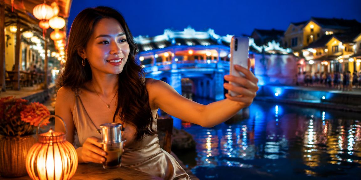 Người dùng tại Hội An kiểm tra kết quả cược và số dư tài khoản bên ly cà phê