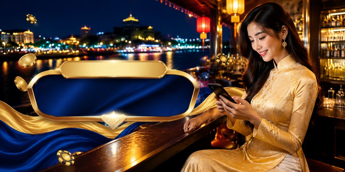 Người phụ nữ mặc áo dài thưởng thức trải nghiệm casino di động bên sông Mekong