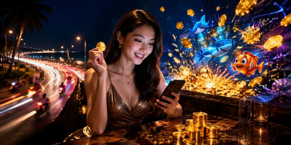 Người chơi đăng nhập casino trên điện thoại tại bãi biển Mũi Né buổi chiều tà